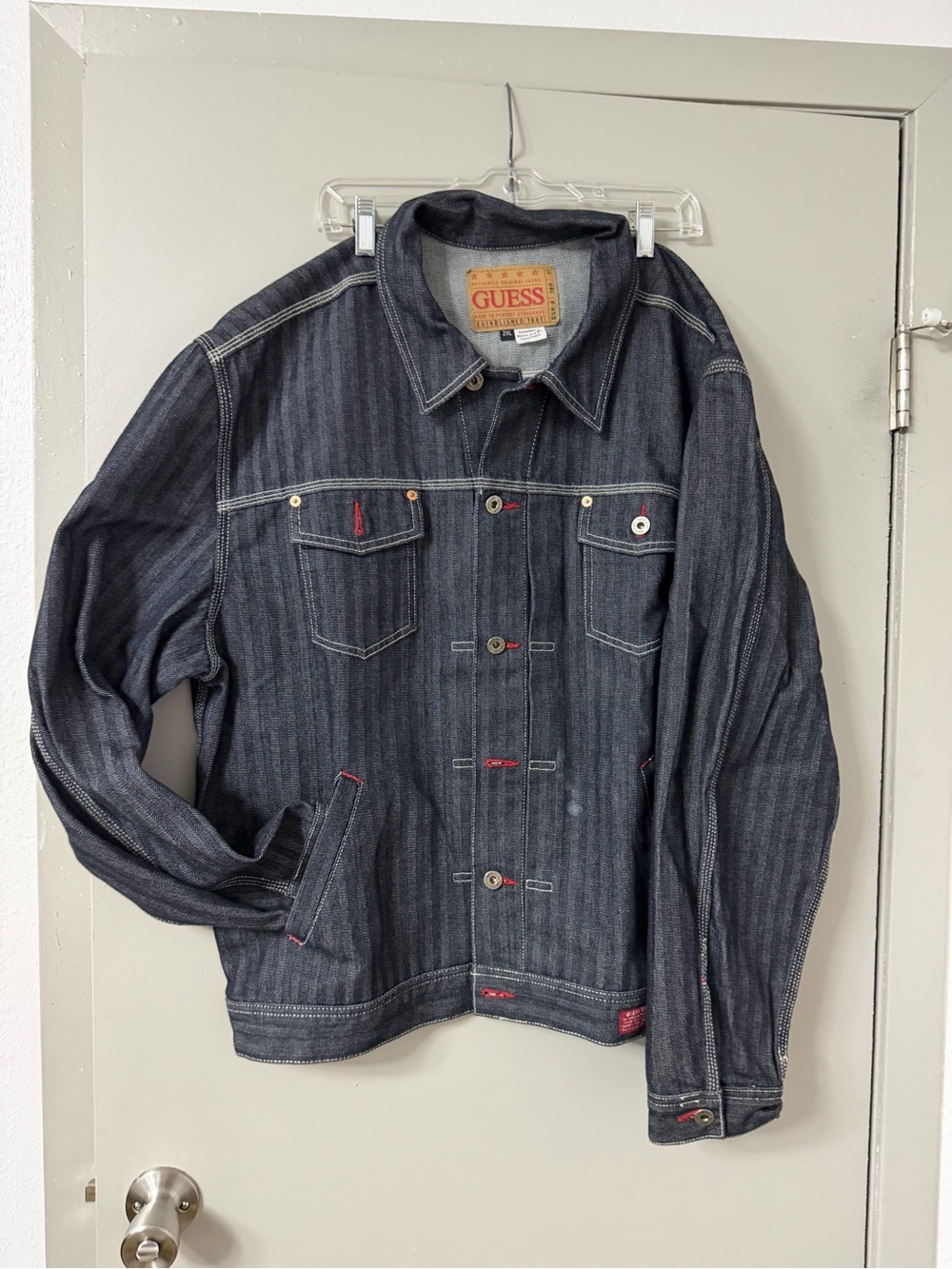 GUESS Men’s Dark Wash Denim Jacket 2XL Button Front Trucker Jean Coat